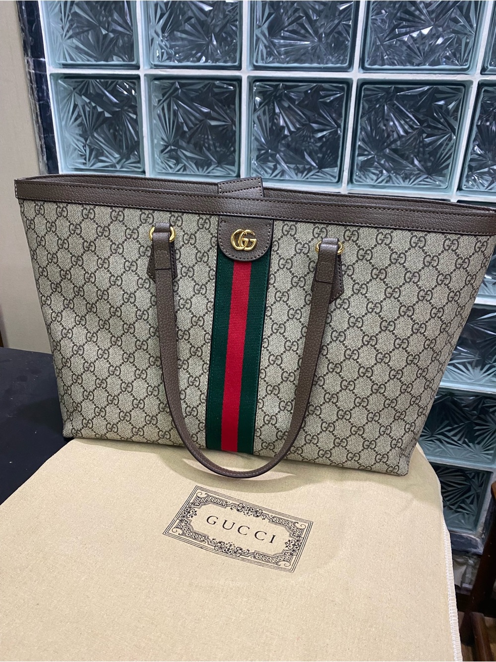 Gucci Beige GG Canvas Tote with Signature Green-Red Stripe